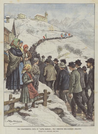 Tyypillinen Santa Barbaran juhla Agordinon kaivostyöläisten keskuudessa (Belluno) tekijältä Achille Beltrame
