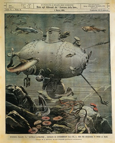 Vedenalainen merialus merenpohjan tutkimiseen, kuvitus: Achille Beltrame (1871-1945), La Domenica del Corriere, 1. maaliskuuta tekijältä Achille Beltrame