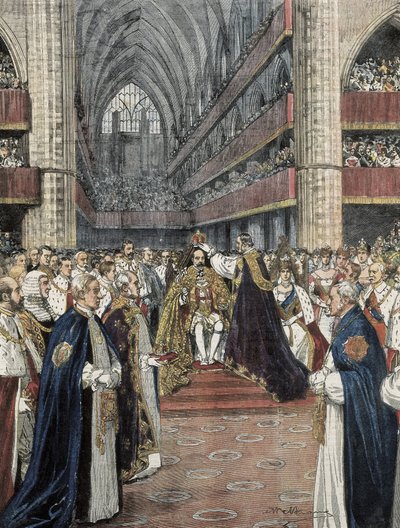 Iso-Britannia (1901). Edward VII:n kruunaus Westminster Abbeyssa. Domenica del Corrieressa julkaistu Achille Beltramen kuvitus. Kaiverrus. tekijältä Achille Beltrame