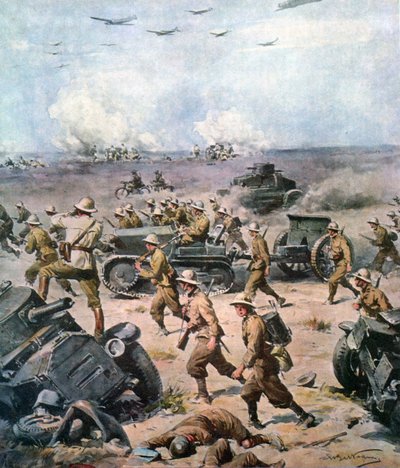 WWII-1940 Pohjois-Afrikan kampanja - Italian hyökkäys Aegyptiin, La Domenica del Corriere 22. syyskuuta 1940 tekijältä Achille Beltrame