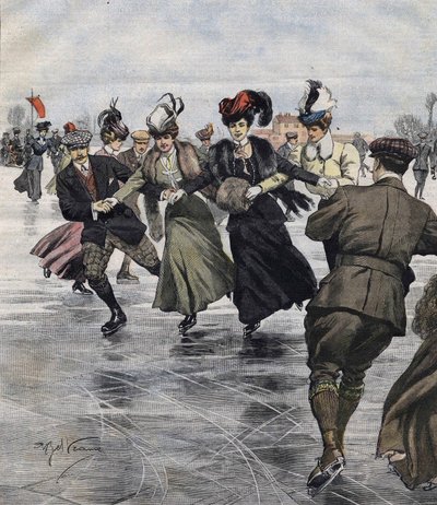 Talven hauskaa. Luistelijat. Achille Beltramen kuvitus vuonna 1907. tekijältä Achille Beltrame