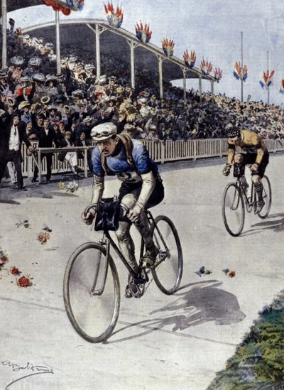 pyöräilijä Peer Breton Tour de Francen voittaja vuonna 1908. Achille Beltramen kuvitus. tekijältä Achille Beltrame
