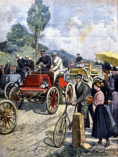 ensimmäinen kierros Italiassa autolla vuonna 1901 Achilles Beltramen kuvitus tekijältä Achille Beltrame