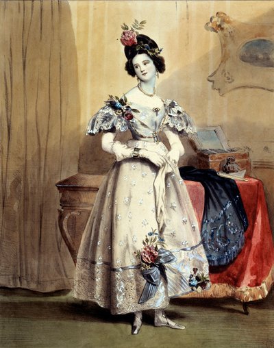 Kello yksitoista illalla nuori tyttö iltavessassa (akvarelli) 1800-luku tekijältä Achille Devéria