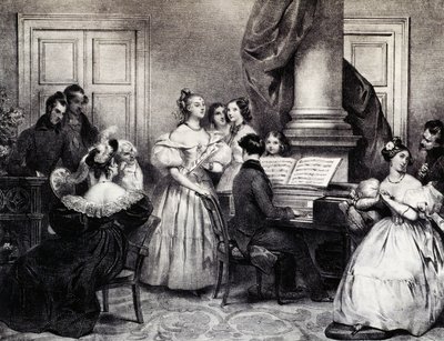 Perhekonsertti pianon kanssa, Achille Deveria (1800-1857), kaiverrus, Ranska tekijältä Achille Devéria
