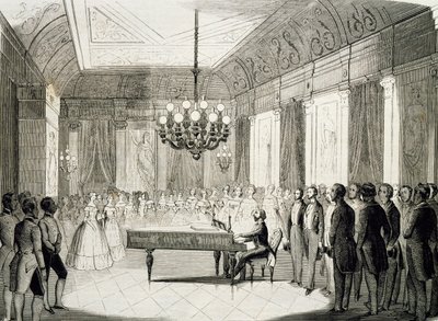 Musiikki-ilta pianon kanssa, Achille Deveria (1800-1857), kaiverrus, Ranska tekijältä Achille Devéria