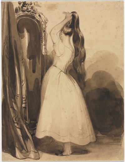 Hiuksiaan kampaava nuori nainen, 1800-luku, ennen vuotta 1857. tekijältä Achille Devéria