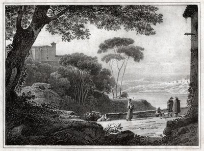 Albano-järvi. (kaiverrus noin 1820) tekijältä Achille Etna Michallon