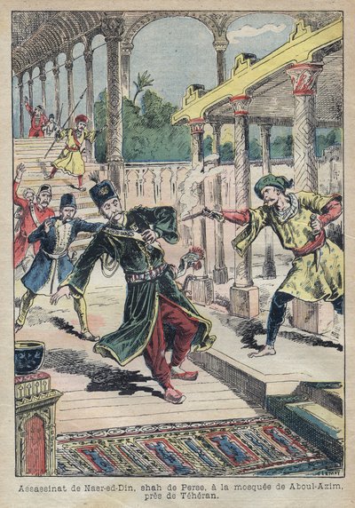 Nasser Ed Dinin (1831-1896), Persian shaahin (Iran) salamurha vuonna 1896 (kutsutaan myös nimellä Nasseredin Shah, Nasserer-al-Din Shah Qajar, Nasser al-Din Shah Qajar, Nassiruddin Shah) - Achille Lemotin kuva Le-Pelerin” vuodelta 1896 - salamurha tekijältä Achille Lemot