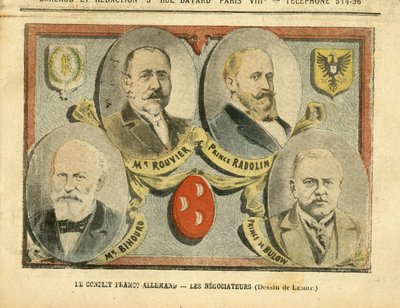 Kuva Achille Lemotista (1846-1909) Le Pelerinissä, 09.07.05 - Ranskan ja Saksan konflikti neuvottelijoina - Kolonisaatio Kolonialismin siirtokunnat, Saksa Preussi, Marokko, Ranska, Tanger - Rouvier Maurice (1842-1911), Bulow Bernhard von (1849-1929), Rad tekijältä Achille Lemot