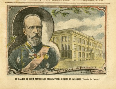 Kuva Achille Lemotista (1846-1909) Le Pelerinissä, 20.8.2005 - Palatsi, jossa venäläiset ja japanilaiset neuvottelijat yhdistyvät - Venäjä, Japani, Venäjän ja Japanin sota, Portsmouth - Witte Serge (1849-1915) tekijältä Achille Lemot