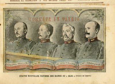 Kuva Achille Lemotista (1846-1909) Le Pelerinissä, 20.11.04 - Neljä uutta blokkivihan uhria - Armee, Fiche-tapaus, Patriotisme - Rollin eversti, Mareschalin kapteeni, Dautriche, Francois-kapteeni tekijältä Achille Lemot