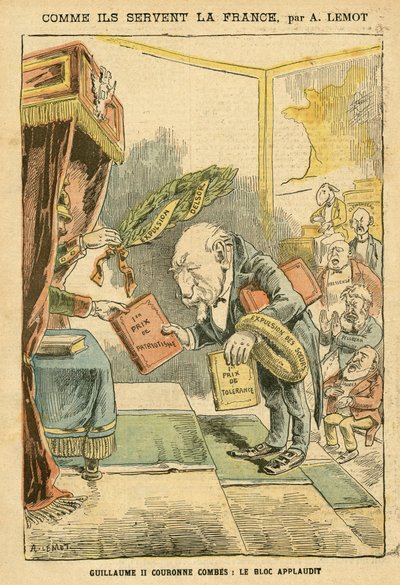 Kuva Achille Lemotista (1846-1909) Le Pelerinissä, 31.01.04 - Kuinka he palvelevat Ranskaa - Saksa Preussi, Uskonto, Bloc des Left, Isänmaallisuus, katolinen katolilaisuus - Uskontojen häätö - Combes Emile (1835-1921) , William II, Delsor Nicolas (18 tekijältä Achille Lemot