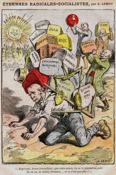 Radikaalisosialistit (sosialistiset radikaalit): Achille Lemotin (1846-1909) sarjakuva Le Pelerinissä (1909) - työntekijä kaatuu verojen, verojen ja hallituksen huonosta hallinnosta johtuvien haittojen alla ja Georges Clemenceau - lakot, d tekijältä Achille Lemot