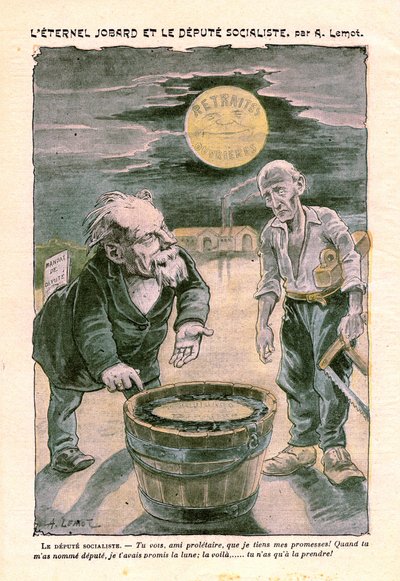 Sosialistijäsen lupaamassa kuun (eläkkeelle) köyhälle proletaarille (puuseppä), Le Pelerin, katolinen viikkolehti N°1391, 30. elokuuta 1903, A. Lemot (piirustus) tekijältä Achille Lemot