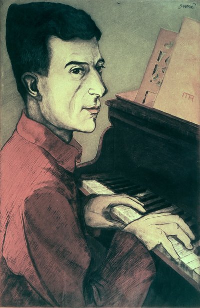 Muotokuva Maurice Ravelista soittaa pianoa tekijältä Achille Ouvré
