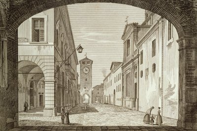 Näkymä Castel Bolognese -aukiolle Ravennan legationissa, kaiverrus Achille Parboni (1783-1841), Italia tekijältä Achille Parboni