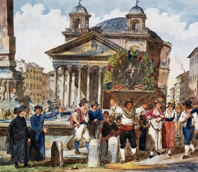 Mansikkafestivaali Pantheonissa Roomassa, Achille Pinellin (1809-1841) akvarelliväri, Italia tekijältä Achille Pinelli