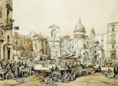 Porta Capuana Napolissa, kirjoittanut Achille Vianelli (1803-1894), seepia, 43x60,5 cm tekijältä Achille Vianelli