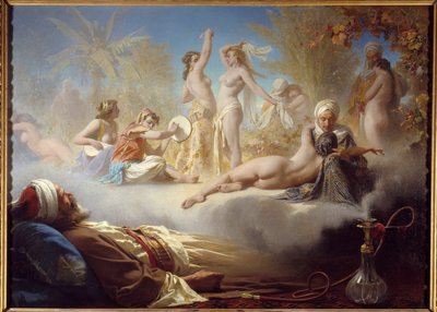 Uskovan unelma Muslimi nukkuu poltettuaan itämaisten tanssijoiden narguile-unelman. Maalaus Achilles Zosta (1826-1901) 1800-luvun aurinko. 1,04 x 1,58 m Bayonne, Musee Bonnat tekijältä Achille Zo