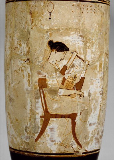 Ullakkovalkoinen lekythos naismuusikoiden kuvalla, 5. vuosisadalla eKr tekijältä Achilles Painter