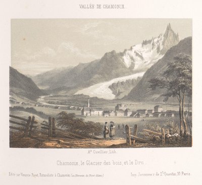Näkymä Aiguille de Bionnassaylle ja jäätikkölle Aiguille et Glacier de Bionnassay (otsikko esineessä) Chamonix-Mont-Blancin muisto (sarjan nimi) Museum du Mont-Blanc (sarjan nimi esineessä) tekijältä Ad. Cuvillier