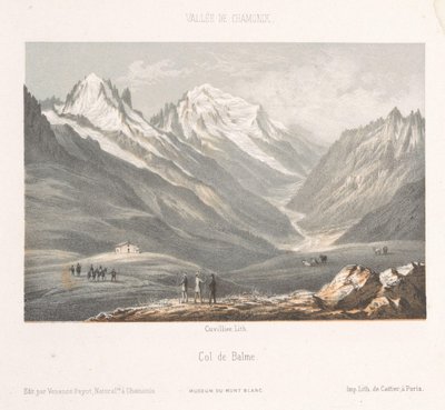 Näkymä Les Planardsin kylästä Montenversin tiellä Les Planaz, chemin du Montanvert (otsikko esineessä) Chamonix-Mont-Blancin muisto (sarjan nimi) Museum du Mont Blanc (sarjan nimi) tekijältä Ad. Cuvillier