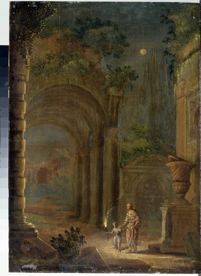 Adam Elsheimerin (1578-1610) maalaus "Raunioiden maisema kuutamossa" Valtion ulkoilmamuseon palatsi Gatchina, Pietari, Venäjä tekijältä Adam Elsheimer