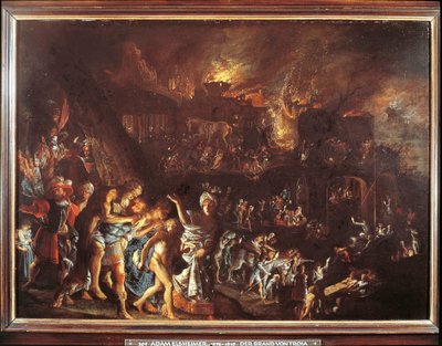 Troijan palaminen, n. 1604 (öljy kuparille) tekijältä Adam Elsheimer