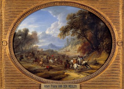 Ryöstöjen hyökkäys saattueeseen Adam Van der Meulenin (1632-1690) maalaus (ec.flam.) Aurinko 0,2x0,27 m tekijältä Adam Frans van der Meulen