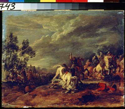 Taistelu. Taistelu. Maalaus Adam Frans van der Meulen (1632-1690). Öljy puulle. Flanderin taidetta, barokkityyliä. Pushkinin taidemuseo, Moskova. tekijältä Adam Frans van der Meulen