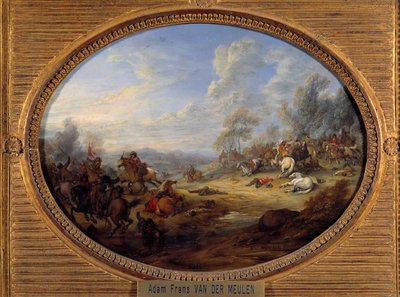 Ratsuväen shokki Taistelu Louis XIV:n vallan alla. Adam Van der Meulenin (1632-1690) maalaus Sun. 0,2x0,27 m tekijältä Adam Frans van der Meulen