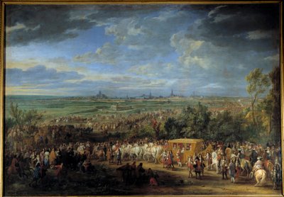 Kuningas Ludvig XIV:n ja kuningatar Marie Theresen välillä 30. heinäkuuta 1667 Arrasissa”” Adam Van Der Meulenin (1632-1690) maalaus 1600-luvun su. 2,32 x 3,31 m tekijältä Adam Frans van der Meulen