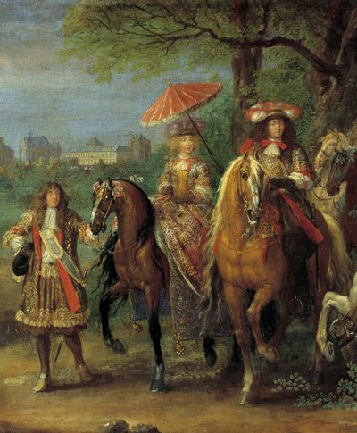 Kuningas Ludvig XIV (1638-1715) ja Itävallan kuningatar Marie-Therese (1638-1683) kävelevät Vincennesin linnan edessä vuonna 1669, yksityiskohta Adam Frans Van der Meulenin (1632-1690) maalauksesta tekijältä Adam Frans van der Meulen