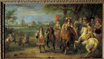 Kuningas Ludvig XIV (1638-1715) ja Itävallan kuningatar Marie-Therese (1638-1683) kävelemässä Vincennesin linnan edessä vuonna 1669 Adam Frans Van der Meulenin (1632-1690) maalaus tekijältä Adam Frans van der Meulen