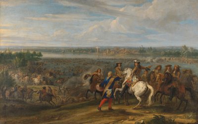 Ludvig XIV ylitys Alankomaihin Lobithissa Ludvig XIV ylittää Reinin Tolhuisissa lähellä Lobithia 12. kesäkuuta 1672 tekijältä Adam Frans van der Meulen