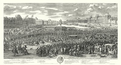 Ranskalainen Louis XIV ja hänen vartijansa ylittävät Pont-Neufin Pariisissa matkalla Palais du Louvreen (kaiverrus) tekijältä Adam Frans van der Meulen