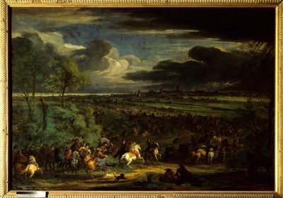 Devolution War (1667-1668): "" Näkymä kuningas Ludvig XIV:n armeijan marssista Kortrijkissa 18. heinäkuuta 1667"" Voit nähdä Aumontin marechalin (Antoine d