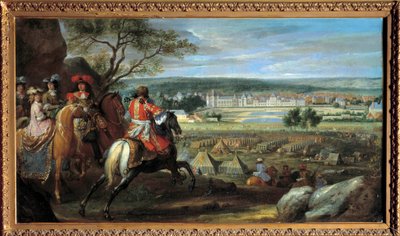 Näkymä Fontainebleaun linnasta 1669, Louis XIV:n (1638-1715) ja Itävallan Marie Theresen (1638-1683) kanssa Adam Frans van der Meulenin (1632-1690) maalaus 1669 Su. 0,53x0,95 m. tekijältä Adam Frans van der Meulen