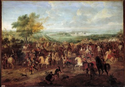 Kävele kuningas Ludvig XIV:n (1638-1715), Itävallan kuningatar Marie Theresen, Dauphin Louisin ja Dauphinen vaunuilla Clagnyn linnan edessä Versaillesissa Adam van der Meulenin (1632-1690) maalaus noin 1680 su. 1,4x1,9 tekijältä Adam Frans van der Meulen