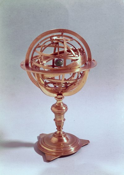 Ptolemaioksen järjestelmässä valmistettu armillaarinen pallo, Rooma, 1648 (messinki) (katso myös 75480) tekijältä Adam Heroldt
