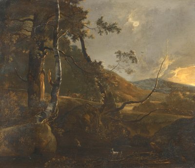 Metsäinen maisema paimenen kanssa polulla ja yksinäinen vuohi tekijältä Adam Pynacker