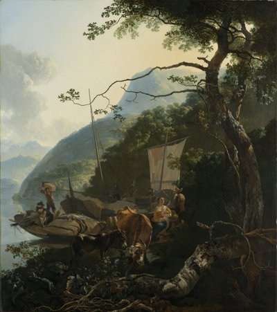 Venemiehiä ankkuroituna italialaisen järven rannalla, 1650-70 tekijältä Adam Pynacker