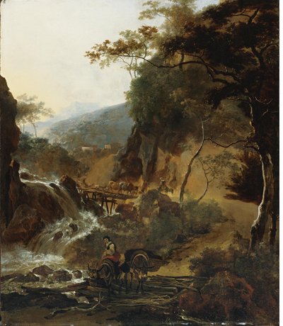 Italianate vuoristomaisema, jossa on paimenia ja karjaa vesiputouksen luona. tekijältä Adam Pynacker