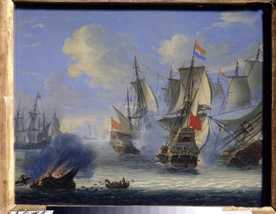 Meritaistelu (meritaistelu). Adam Silon (1674-1757) maalaus. Öljy kankaalle, 25 x 33,5 cm. Hollantilainen taide, barokkitaide. Valtion taidemuseo, Tula (tai Tolan). tekijältä Adam Silo