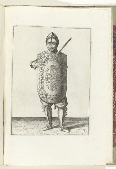 Pora tarttujalla ja tarttujalla: sotilas pitää tähtää rinnan edessä ja piirrettyä tarttua vasenta olkapäätä vasten (nro 6), 1618 Nassausche Wapen-Handelinge, van Schilt, Vakoilijat, Rappier ja Targe: Beyde figuerlick kuvattu, pää kehystetty tekijältä Adam van Breen