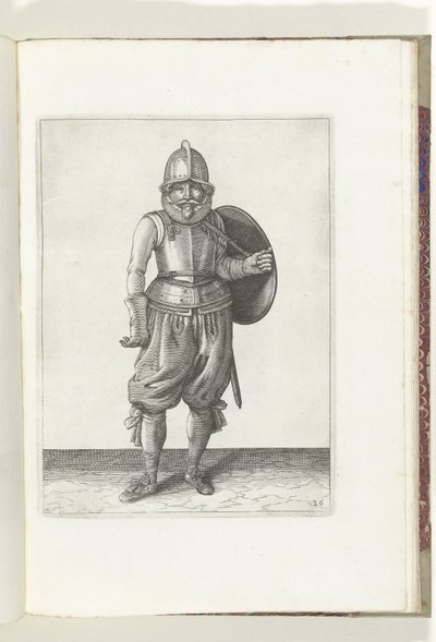 Kilpi ja piikki -harjoitus: Sotilas palauttaa kilven selkään vasemmalla kädellään (nro 26), 1618 De Nassausche Wapen-Handelinge, van Schilt, Spies, Rappier ende Kohde : Beyde figuerlick kuvattu, ende kehystetty uuden järjestyksen mukaan (.. tekijältä Adam van Breen