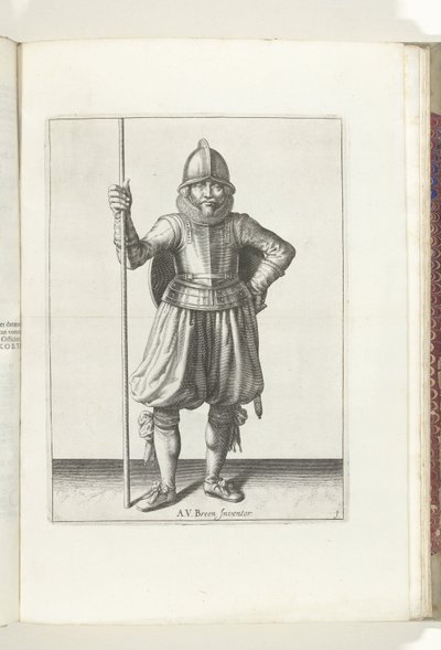 Kilpi ja piikki -harjoitus: Sotilas levossa, piikki kädessä ja kilpi selässä (nro 1), 1618 Nassausche Wapen-Handelinge, van Schilt, Vakoilijat, Rappier ja Targe : Beyde figuerlick kuvattu, ende kehystetty uuden järjestyksen mukaan () tekijältä Adam van Breen