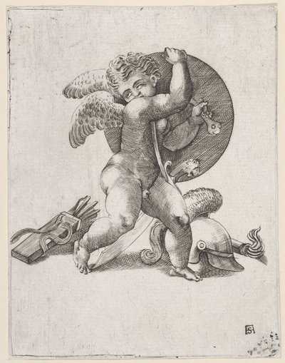Cupid with Weapons of Mars, c1547-62. tekijältä Adamo Scultori