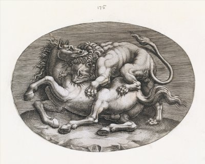 Roomalaisen loiston peili: Leijona hyökkää hevosta vastaan, c1540-80. tekijältä Adamo Scultori
